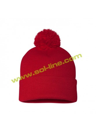 Single Knitt Pom Pom Long Beanie with Cuff